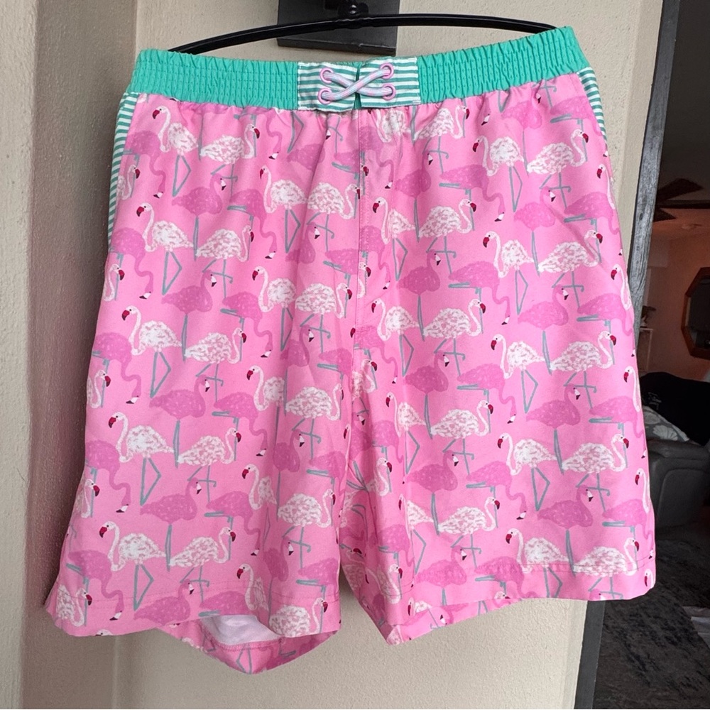 Matilda Jane Mens Enchanted Garden Flamingo Fan Club Swim Trunks Pink Green XXL